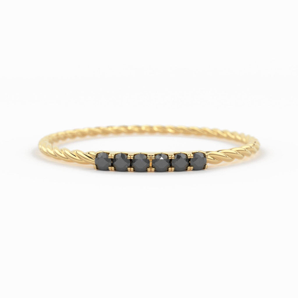 14k Gold Twisted Black Diamond Wedding Band / Twisted Band Ring Diamonds/ Micro Pave Ring Twisted Gold Band/ Minimalist Black Diamond Band - Jalvi & Co.