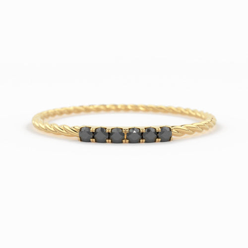 14k Gold Twisted Black Diamond Wedding Band / Twisted Band Ring Diamonds/ Micro Pave Ring Twisted Gold Band/ Minimalist Black Diamond Band - Jalvi & Co.