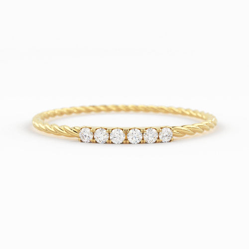 14k Gold Twisted Diamond Wedding Band/ Twisted Band Ring with Diamonds/ Micro Pave Ring with Twisted Gold Band/ Minimalist Stacking Ring - Jalvi & Co.