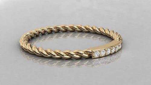 14k Gold Twisted Diamond Wedding Band / Twisted Band Ring with Diamonds / Micro Pave Ring with Twisted Gold Band / Minimalist Stacking Ring - Jalvi & Co.