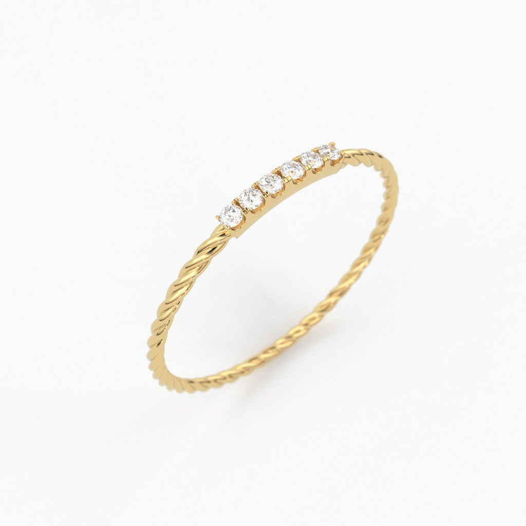 14k Gold Twisted Diamond Wedding Band/ Twisted Band Ring with Diamonds/ Micro Pave Ring with Twisted Gold Band/ Minimalist Stacking Ring - Jalvi & Co.