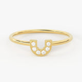 14k Horseshoe Ring with Round Cut White Diamonds / Handmade Stackable Good Luck Round Diamond Ring/ Graduation Gift