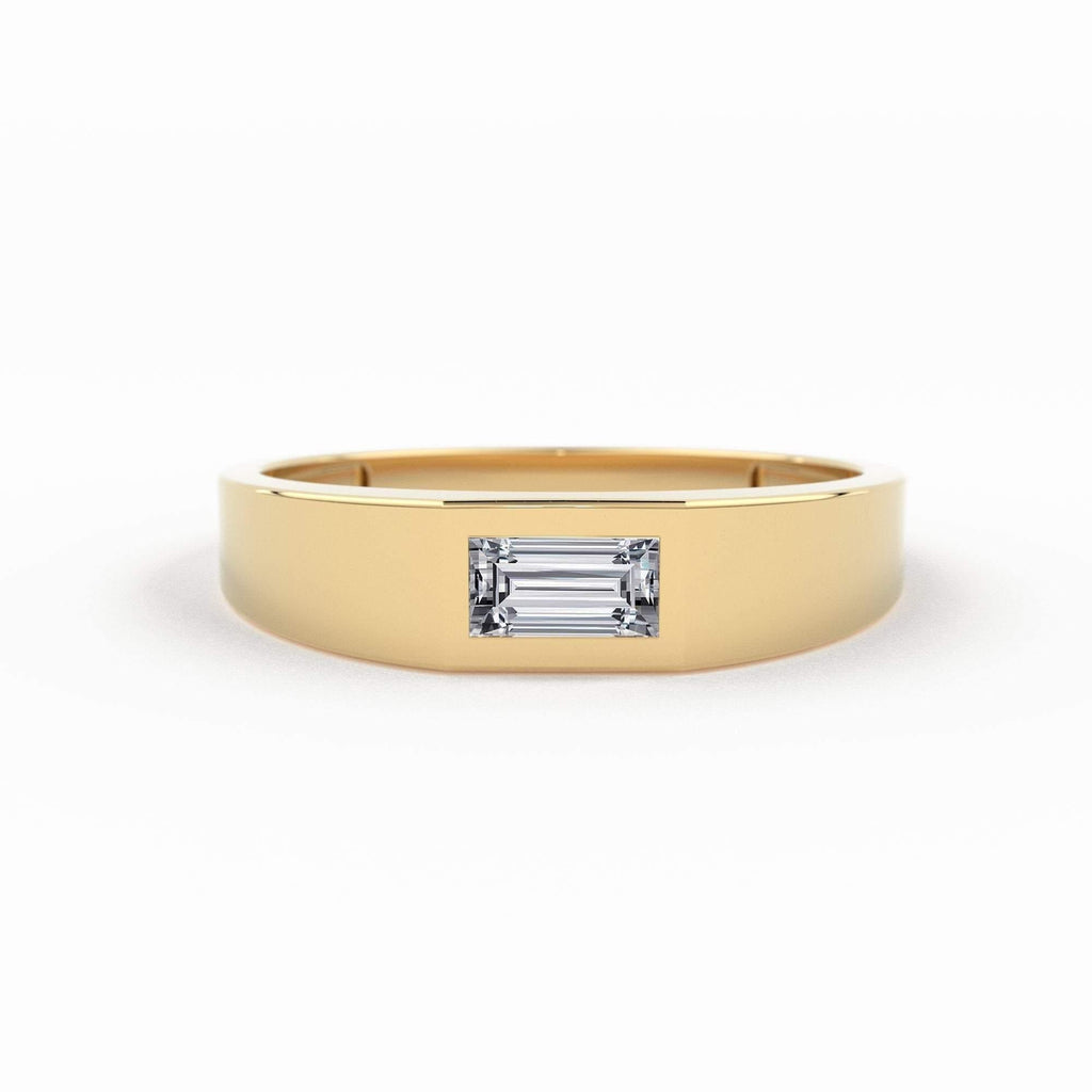 14k Solid Gold Baguette Diamond Solitaire Ring / Minimalistic Design Diamond Baguette Pinky Ring Women / Rose Gold / White Gold / Signet - Jalvi & Co.