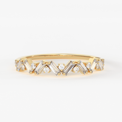 14k Solid Gold Baguette Round Diamond Stackable Women's Wedding Band / Half Eternity Diamond Ring / Petite Stackable Ring / Dainty Ring - Jalvi & Co.