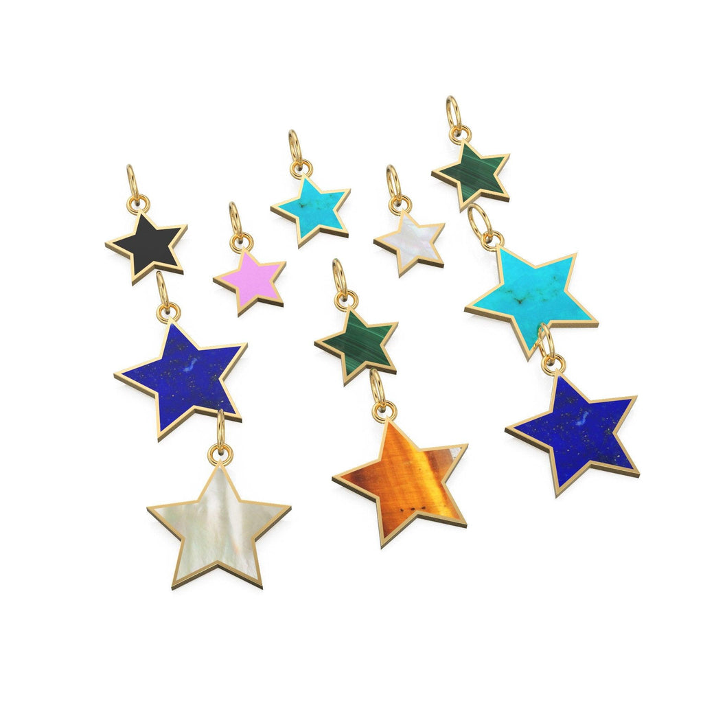 14K Solid Yellow Gold mother of Pearl, malachite, turquoise, onyx, coral, lapis, Stars, Celestial, Star Charm Pendants - Jalvi & Co.