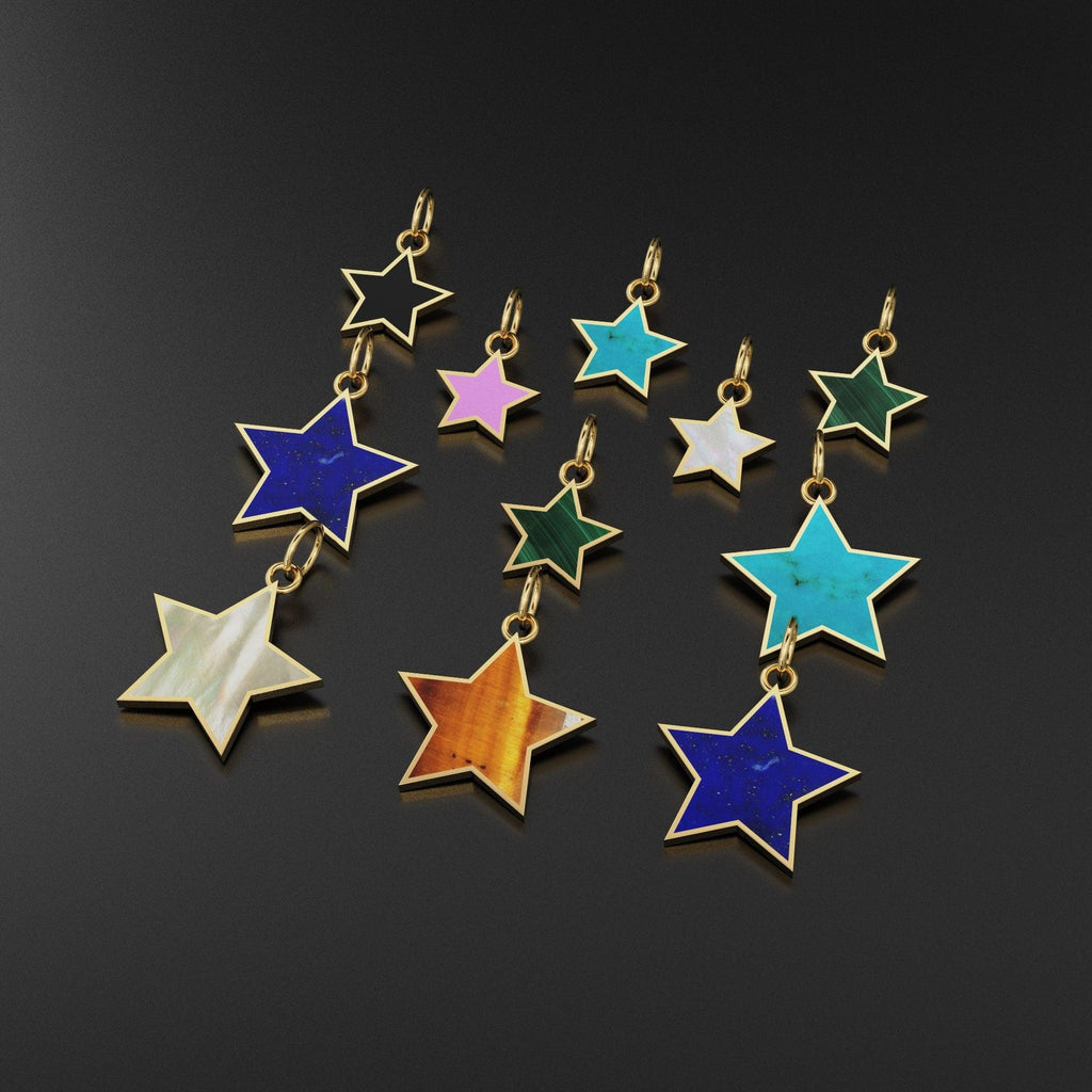 14K Solid Yellow Gold mother of Pearl, malachite, turquoise, onyx, coral, lapis, Stars, Celestial, Star Charm Pendants - Jalvi & Co.