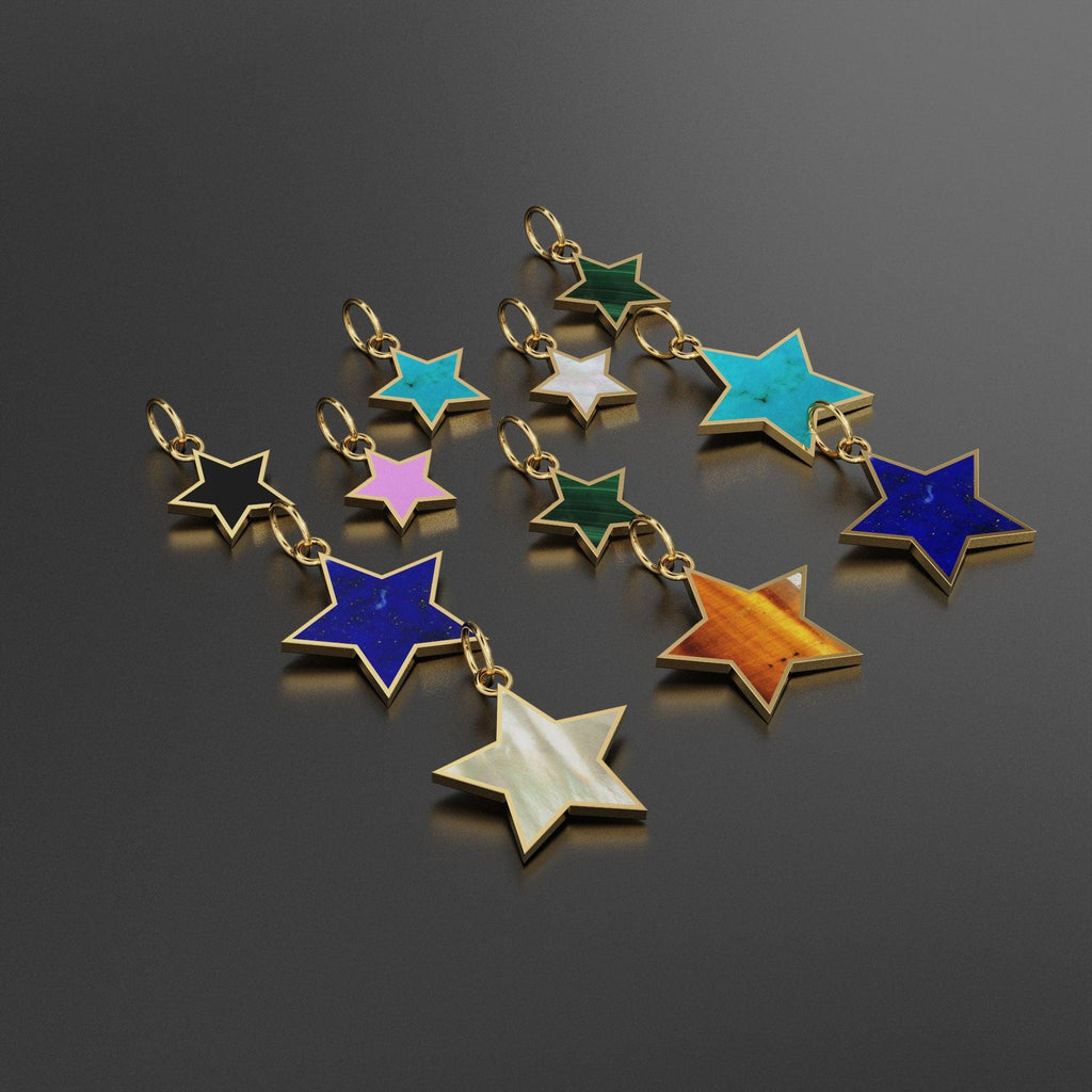 14K Solid Yellow Gold mother of Pearl, malachite, turquoise, onyx, coral, lapis, Stars, Celestial, Star Charm Pendants - Jalvi & Co.