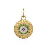 14mm Evil Eye Emerald Round Petite Diamond 14k Solid Gold Charm Pendant, Textured Gold Pendant, Diamond Charm, Protection Jewelry For Her