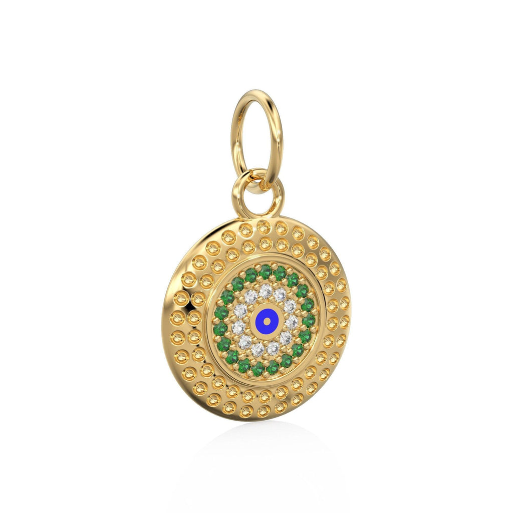 14mm Evil Eye Emerald Round Petite Diamond 14k Solid Gold Charm Pendant, Textured Gold Pendant, Diamond Charm, Protection Jewelry For Her - Jalvi & Co.