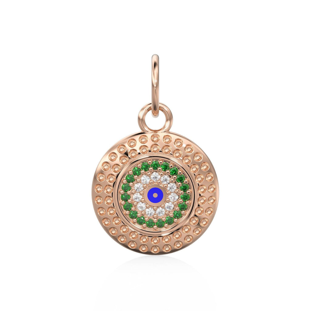 14mm Evil Eye Emerald Round Petite Diamond 14k Solid Gold Charm Pendant, Textured Gold Pendant, Diamond Charm, Protection Jewelry For Her - Jalvi & Co.