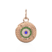 Load image into Gallery viewer, 14mm Evil Eye Emerald Round Petite Diamond 14k Solid Gold Charm Pendant, Textured Gold Pendant, Diamond Charm, Protection Jewelry For Her - Jalvi &amp; Co.