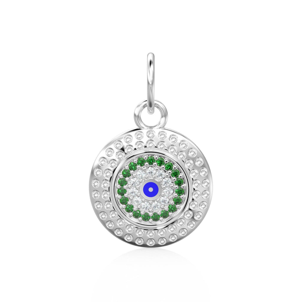 14mm Evil Eye Emerald Round Petite Diamond 14k Solid Gold Charm Pendant, Textured Gold Pendant, Diamond Charm, Protection Jewelry For Her - Jalvi & Co.