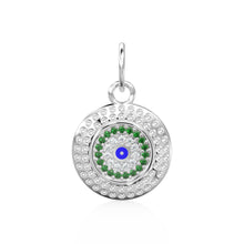 Load image into Gallery viewer, 14mm Evil Eye Emerald Round Petite Diamond 14k Solid Gold Charm Pendant, Textured Gold Pendant, Diamond Charm, Protection Jewelry For Her - Jalvi &amp; Co.