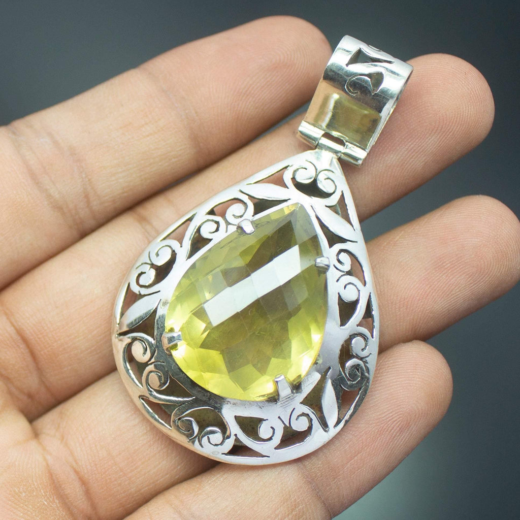 15.3g, Totally Handmade Natural Lemon Quartz Checker Pear Shape 925 Sterling Silver Pendant - Jalvi & Co.