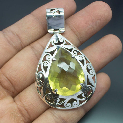 15.3g, Totally Handmade Natural Lemon Quartz Checker Pear Shape 925 Sterling Silver Pendant - Jalvi & Co.