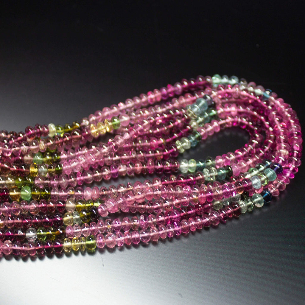 15 Inches, 4mm, Natural AAA Multi Tourmaline Smooth Rondelle Loose Gemstone Beads - Jalvi & Co.
