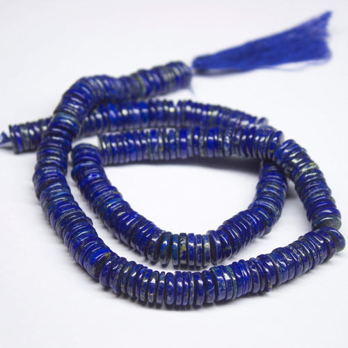 15 inches, 7-8mm, Natural Blue Lapis Lazuli Smooth Heishi Round Wheel Beads, Lapis Beads - Jalvi & Co.