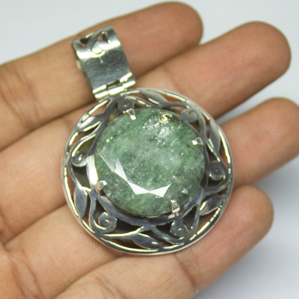 15g, Totally Handmade Natural Green Emerald Round Shape 925 Sterling Silver Pendant - Jalvi & Co.