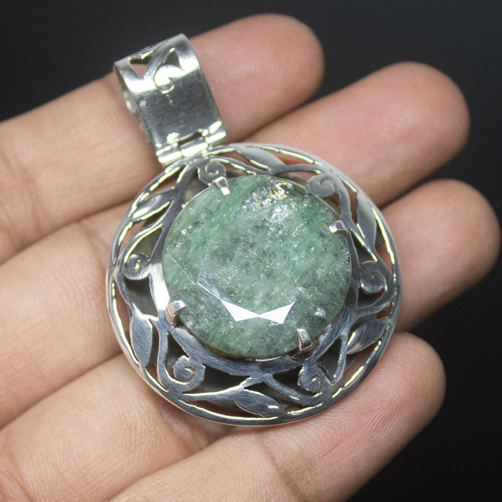 15g, Totally Handmade Natural Green Emerald Round Shape 925 Sterling Silver Pendant - Jalvi & Co.