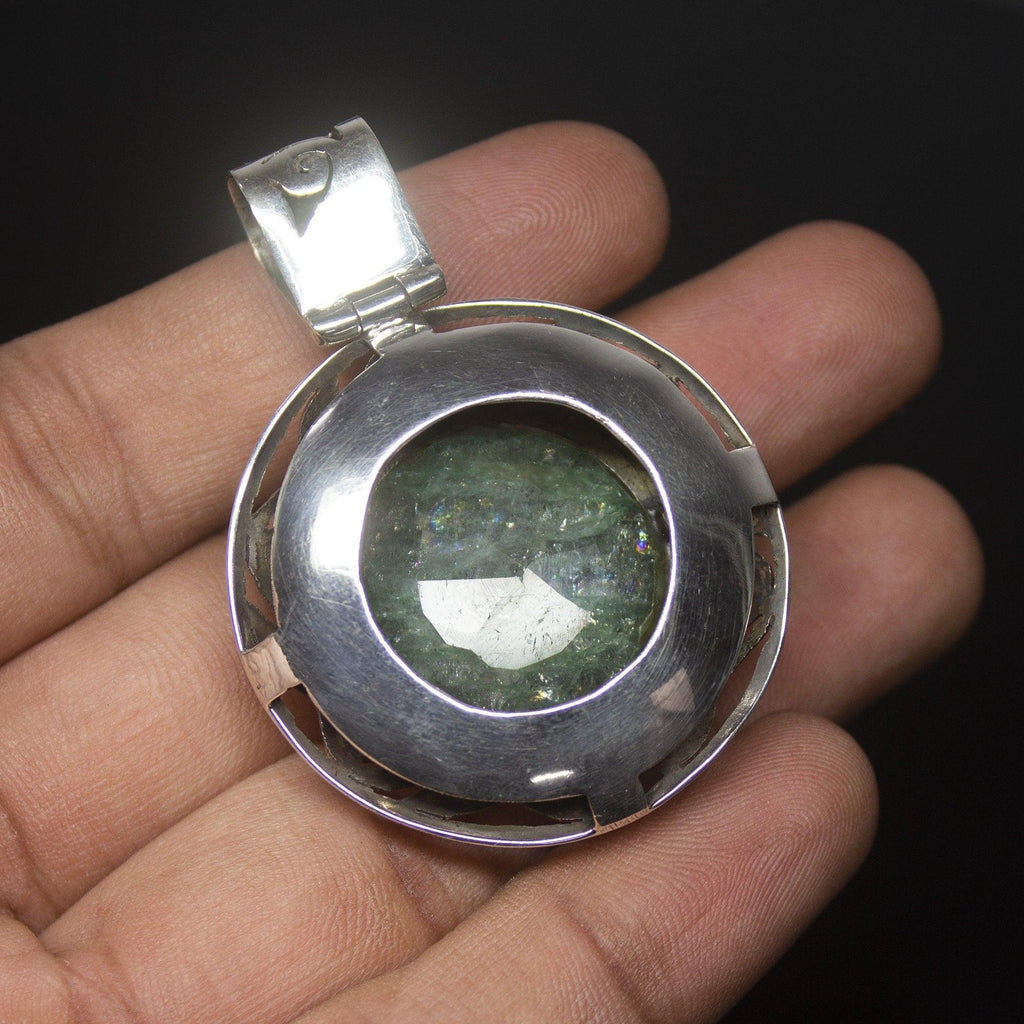 15g, Totally Handmade Natural Green Emerald Round Shape 925 Sterling Silver Pendant - Jalvi & Co.