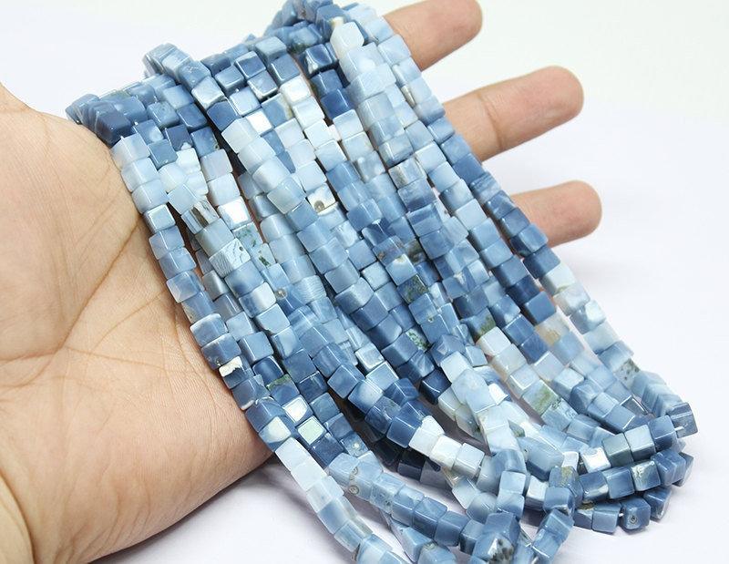 16 inch, 6mm, Blue Opal Shaded Smooth 3D Cube Box Square Gemstone Beads Strand, Opal Beads - Jalvi & Co.