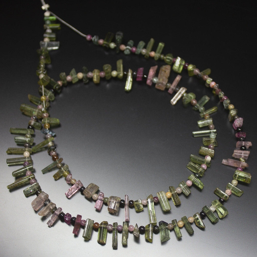 16 inches, 4-10mm, Natural Watermelon Tourmaline Rough Tube Pencil Drops - Jalvi & Co.