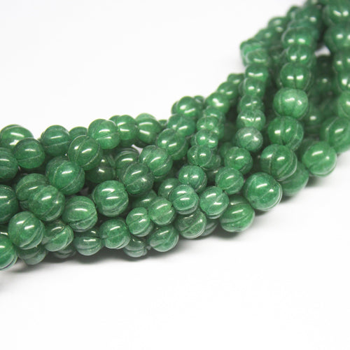16inch, 8-10mm, Natural Green Jade Carved Melon Shape Beads, Jade Beads - Jalvi & Co.