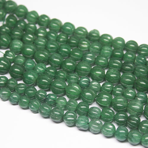 16inch, 8-10mm, Natural Green Jade Carved Melon Shape Beads, Jade Beads - Jalvi & Co.