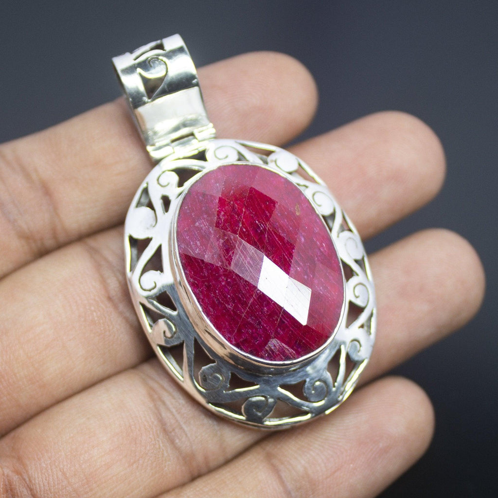 17g, Totally Handmade Natural Ruby Checker Oval Shape 925 Sterling Silver Pendant - Jalvi & Co.