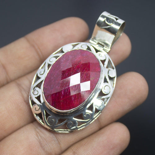 17g, Totally Handmade Natural Ruby Checker Oval Shape 925 Sterling Silver Pendant - Jalvi & Co.