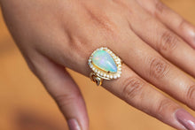 Load image into Gallery viewer, 17mm Ethiopian Opal Cocktail Ring / Diamond Studded 14k Ring / Opal Diamond Luxury Ring / 14k Gold Handmade Pave Ring / TAKING BEST OFFER - Jalvi &amp; Co.