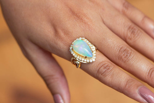 17mm Ethiopian Opal Cocktail Ring / Diamond Studded 14k Ring / Opal Diamond Luxury Ring / 14k Gold Handmade Pave Ring / TAKING BEST OFFER - Jalvi & Co.