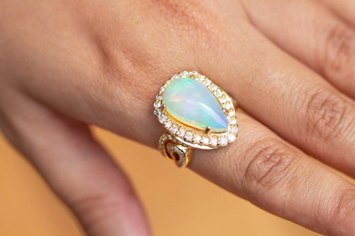 17mm Ethiopian Opal Cocktail Ring / Diamond Studded 14k Ring / Opal Diamond Luxury Ring / 14k Gold Handmade Pave Ring / TAKING BEST OFFER - Jalvi & Co.