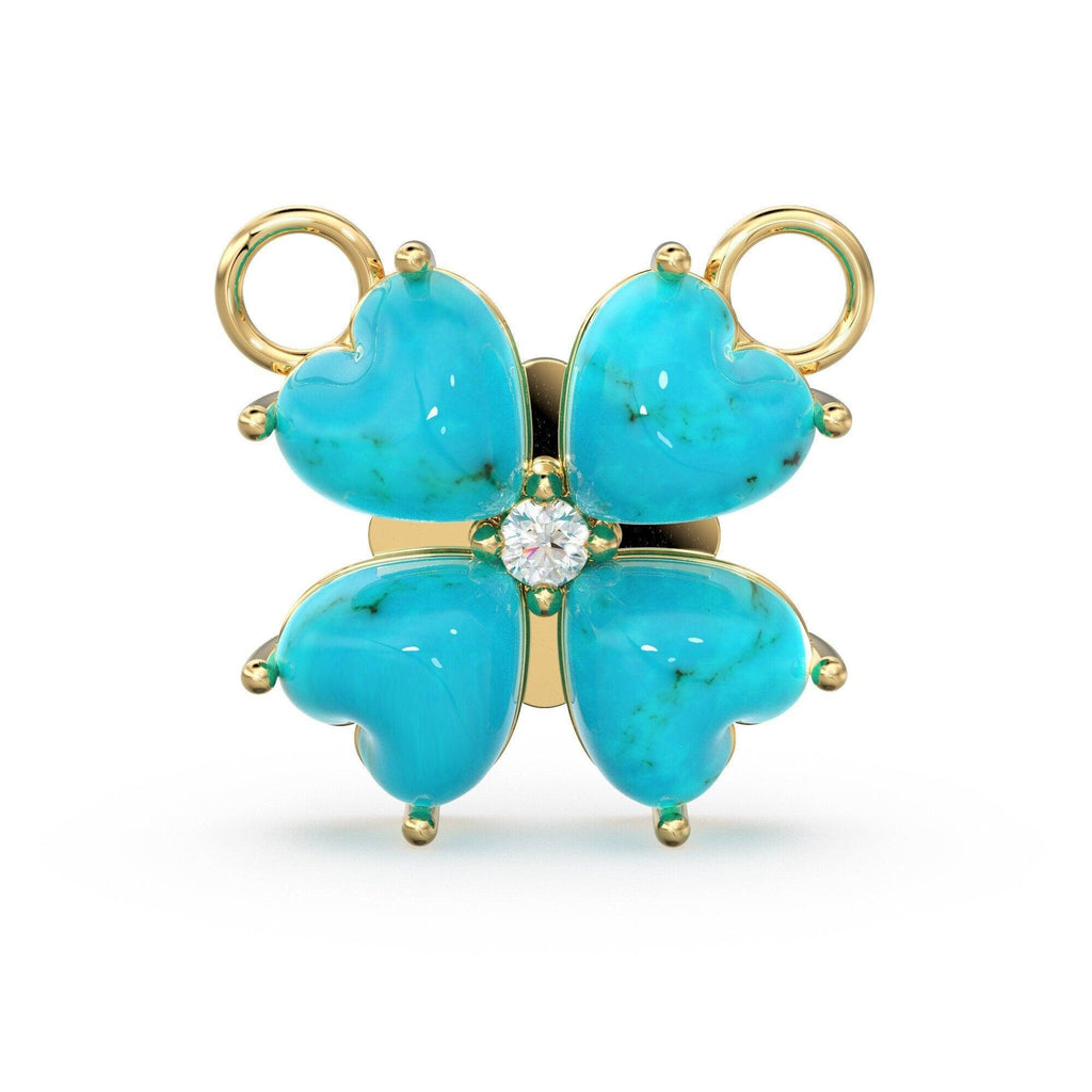 17mm LARGE 18k Yellow Gold Sleeping Beauty Turquoise Diamond Heart Shape 4 Leaf Lucky Clover Pendant Connector - Jalvi & Co.