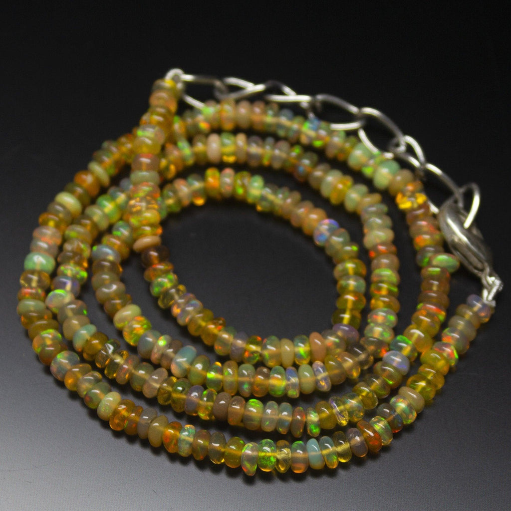 18 inches, 4mm, Golden Ethiopian Fire Welo Opal Smooth Rondelle Loose Gemstone Beaded Necklace - Jalvi & Co.