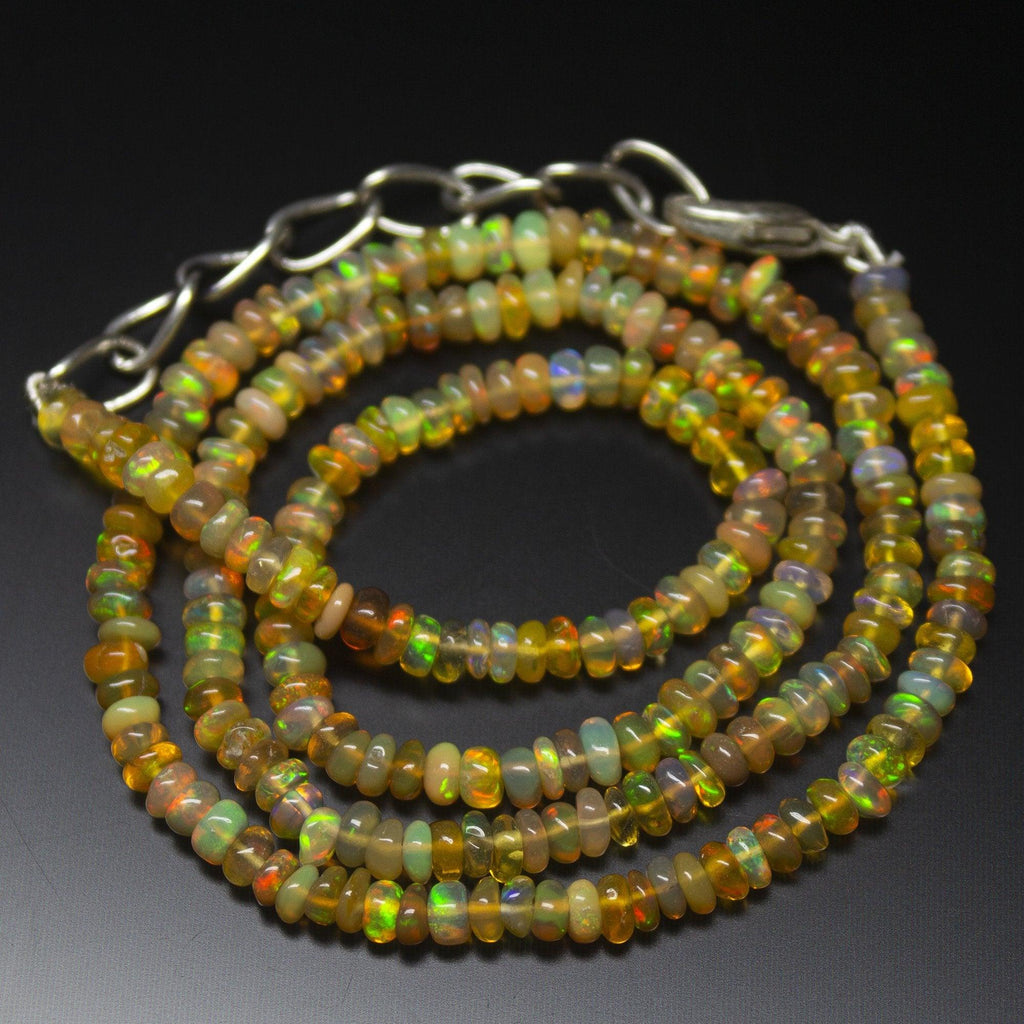 18 inches, 4mm, Golden Ethiopian Fire Welo Opal Smooth Rondelle Loose Gemstone Beaded Necklace - Jalvi & Co.