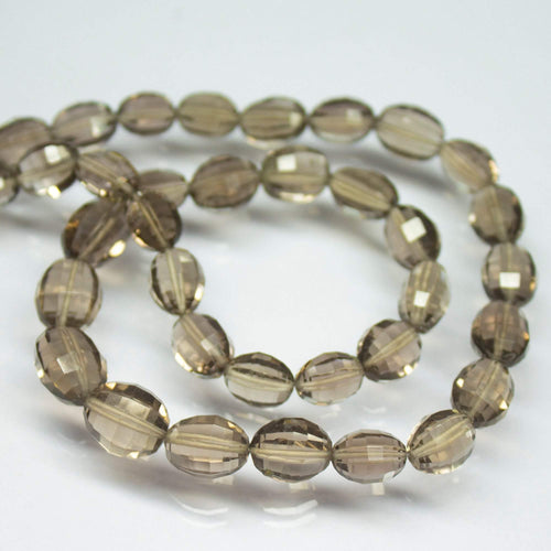 18 inches, 9mm 12mm, Natural Smoky Quartz Step Cut Puff Oval Beaded Necklace, Quartz Necklace - Jalvi & Co.