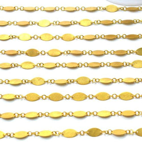 18K Solid Gold Chain Handmade Brushed Finish Wire Wrapped Marquise Flat Chain 8x4mm Sold By 17cm. - Jalvi & Co.