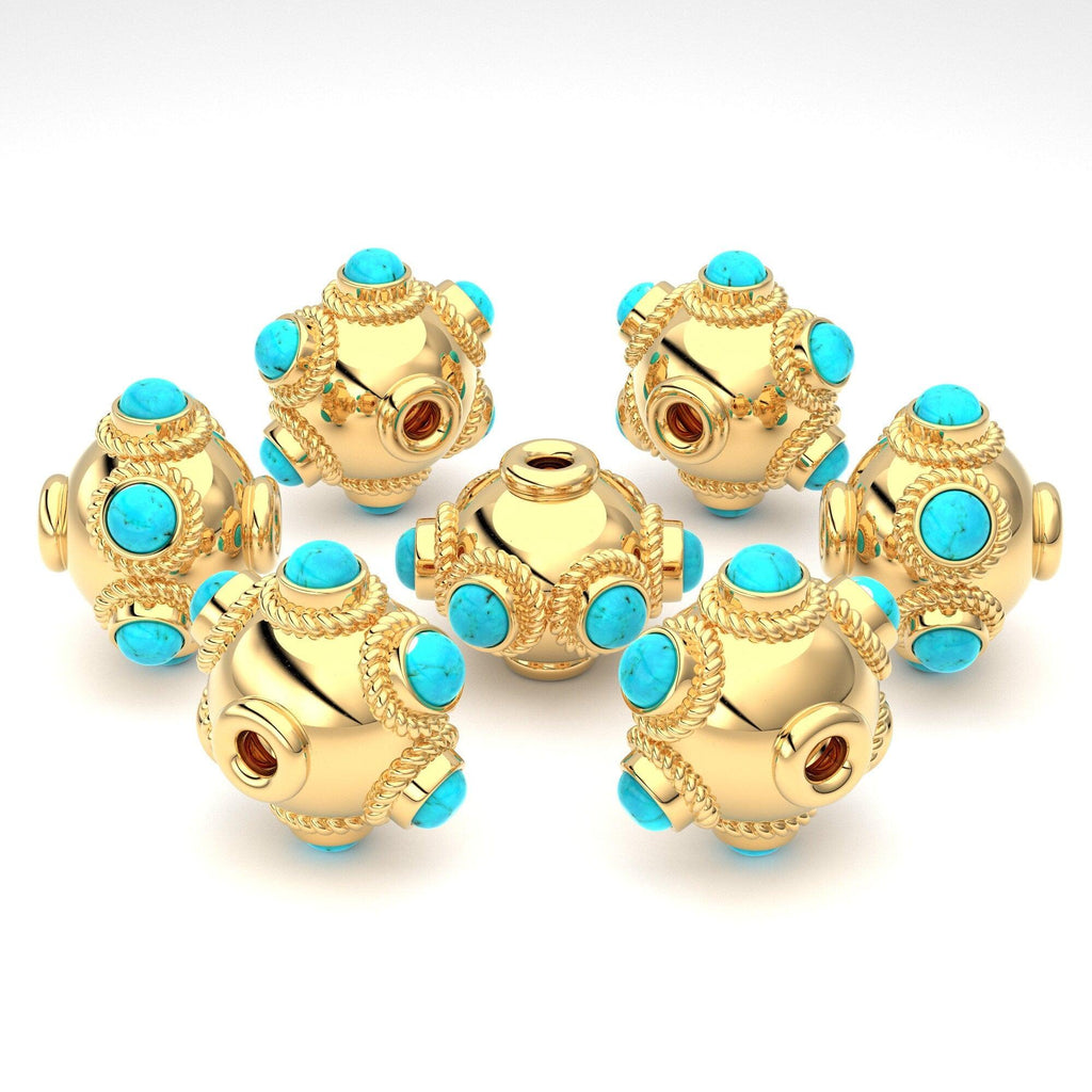 18k Solid Gold Fancy Old Turquoise Lantern Spacer Bead (1) 10mm - Jalvi & Co.