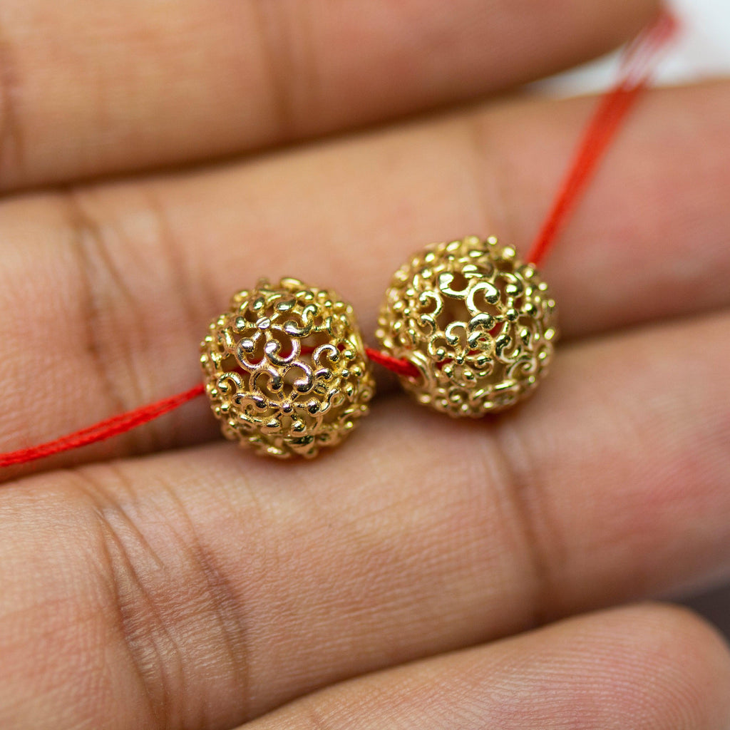18k Solid Gold Handmade Designer Round Floral Mesh Spacer Bead Finding 6mm 8mm 10mm - Jalvi & Co.