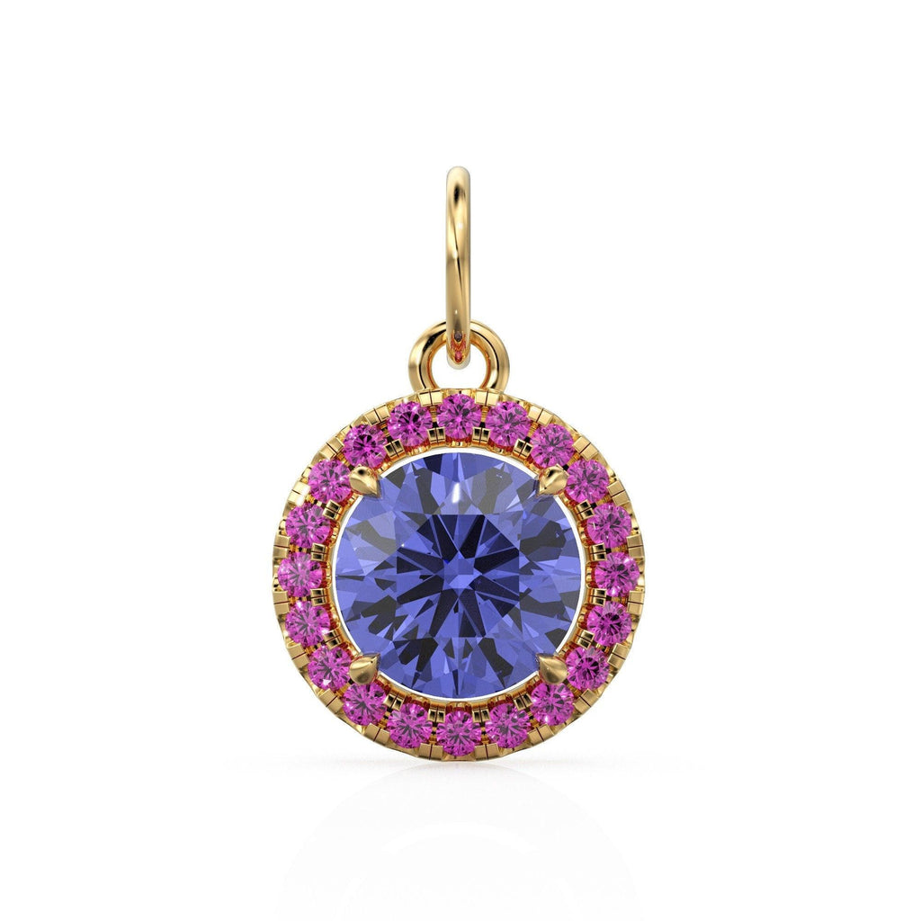 18k Solid Gold Iolite Pink Sapphire Round Halo Charm / Petite Dainty Brilliant Round Blue Gemstone Charm Pendant / Sapphire Gold Pendant - Jalvi & Co.