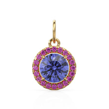 Load image into Gallery viewer, 18k Solid Gold Iolite Pink Sapphire Round Halo Charm / Petite Dainty Brilliant Round Blue Gemstone Charm Pendant / Sapphire Gold Pendant - Jalvi &amp; Co.