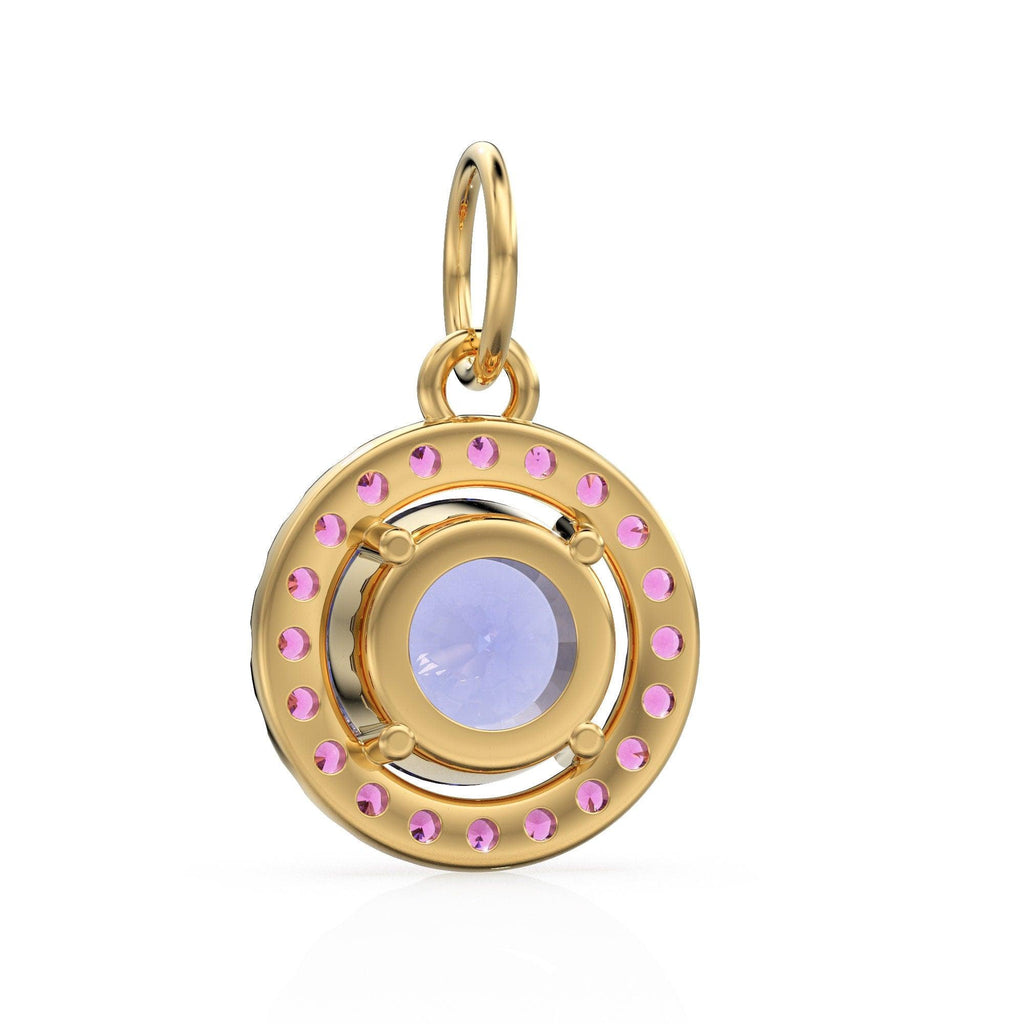 18k Solid Gold Iolite Pink Sapphire Round Halo Charm / Petite Dainty Brilliant Round Blue Gemstone Charm Pendant / Sapphire Gold Pendant - Jalvi & Co.