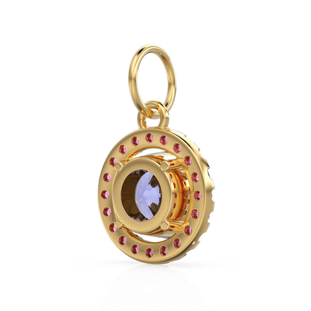 18k Solid Gold Iolite Pink Sapphire Round Halo Charm / Petite Dainty Brilliant Round Blue Gemstone Charm Pendant / Sapphire Gold Pendant - Jalvi & Co.