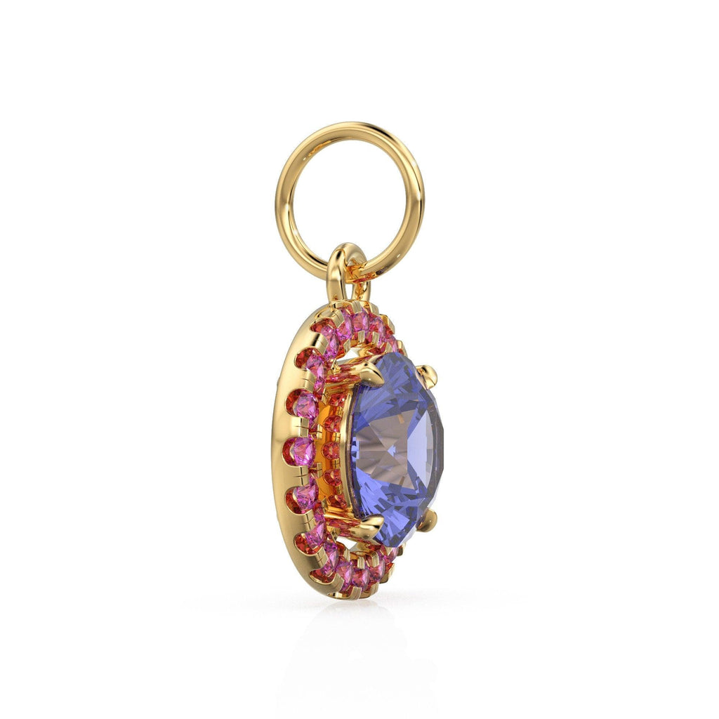 18k Solid Gold Iolite Pink Sapphire Round Halo Charm / Petite Dainty Brilliant Round Blue Gemstone Charm Pendant / Sapphire Gold Pendant - Jalvi & Co.