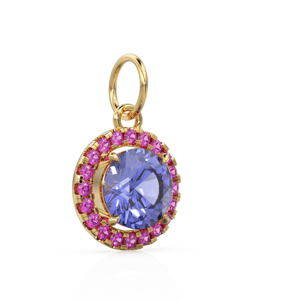 18k Solid Gold Iolite Pink Sapphire Round Halo Charm / Petite Dainty Brilliant Round Blue Gemstone Charm Pendant / Sapphire Gold Pendant - Jalvi & Co.