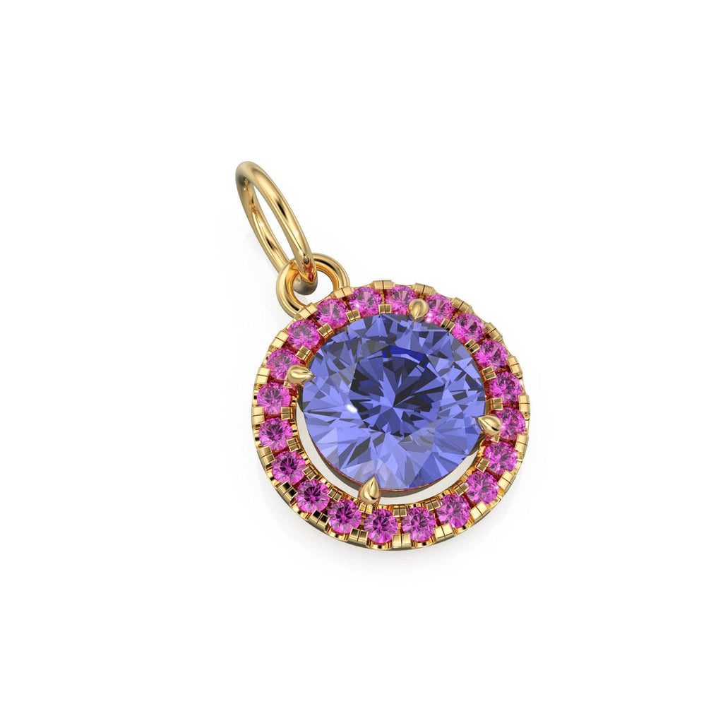 18k Solid Gold Iolite Pink Sapphire Round Halo Charm / Petite Dainty Brilliant Round Blue Gemstone Charm Pendant / Sapphire Gold Pendant - Jalvi & Co.