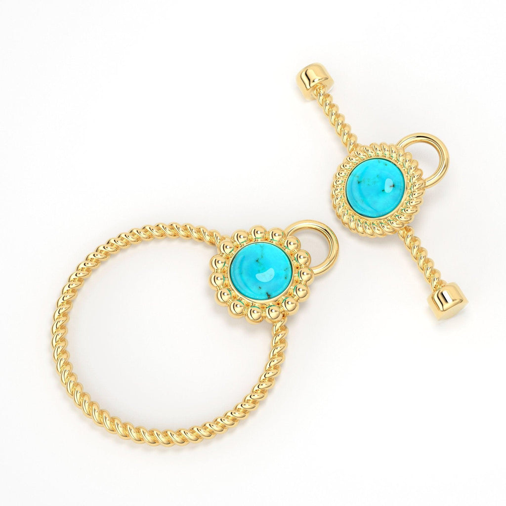 18k Solid Yellow Gold Circle Twisted Wire Toggle Clasp Finding With Diamond / Sleeping Beauty Turquoise Bezel - Jalvi & Co.