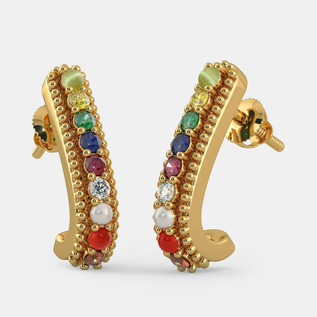 18k Solid Yellow Gold Handmade Navratna Gemstone Hoop Earrings, Navratna Earrings, Nine Gemstone Earrings, Gemstone Earrings - Jalvi & Co.