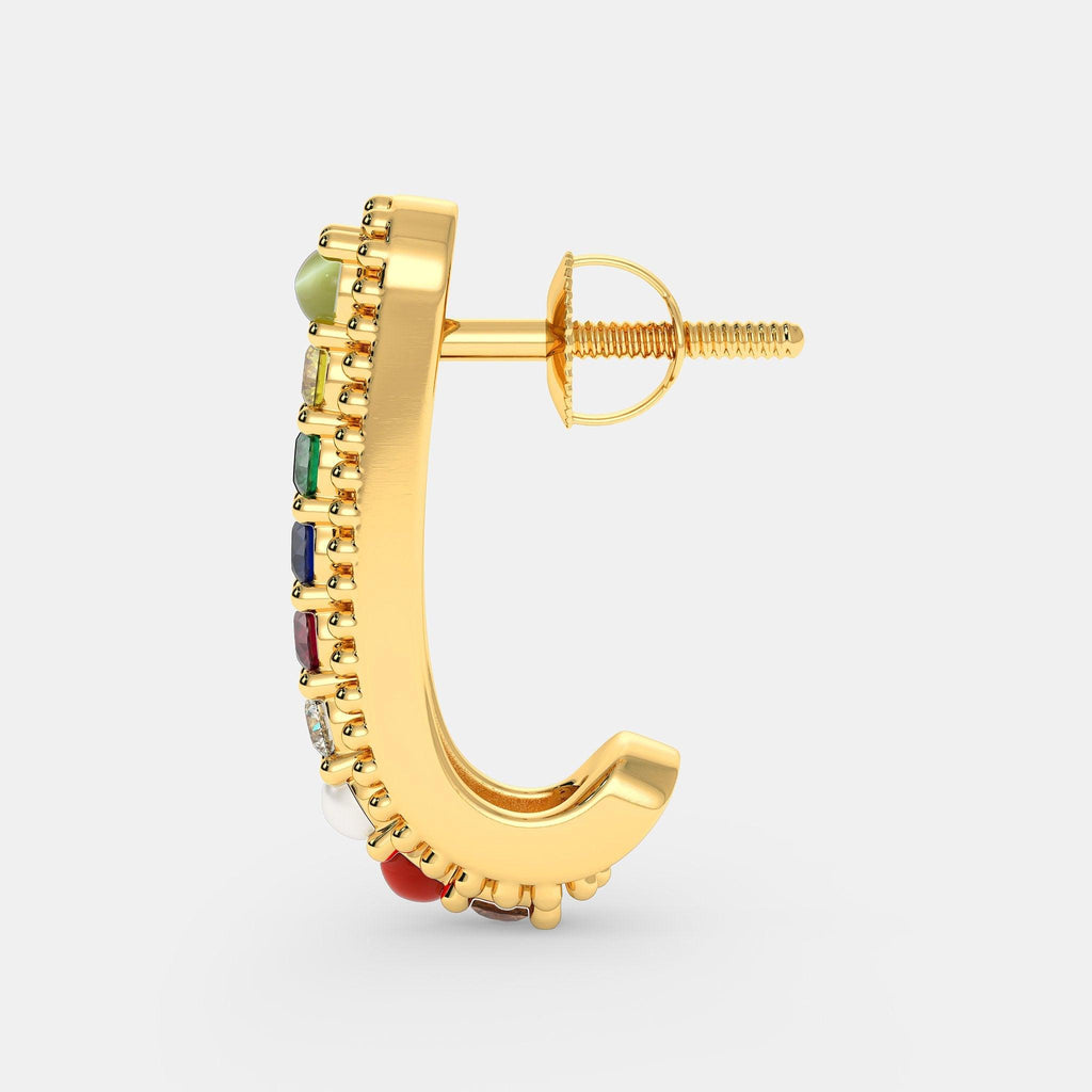 18k Solid Yellow Gold Handmade Navratna Gemstone Hoop Earrings, Navratna Earrings, Nine Gemstone Earrings, Gemstone Earrings - Jalvi & Co.